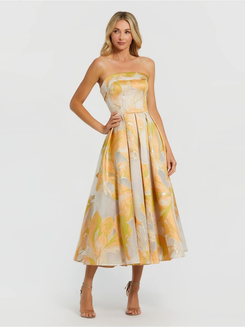 Mac Duggal 20724 Beige and Orange Strapless Brocade Midi Dress with Pockets sz 6
